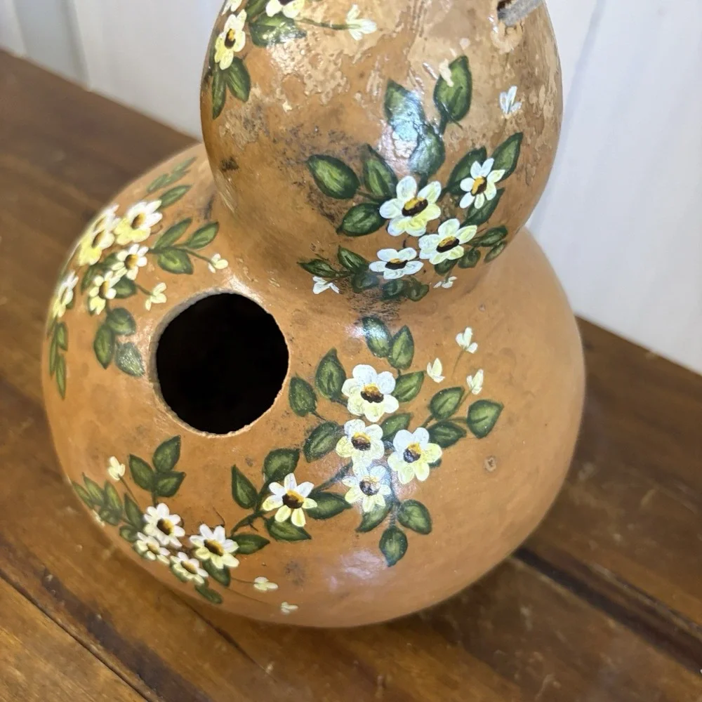 Vintage Hand Painted Gourd Bird House Hanging Floral Folk Art Garden Party